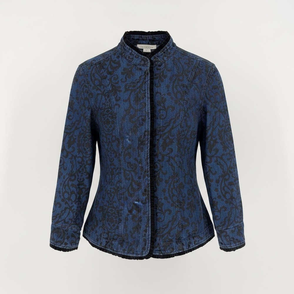 Liz Claiborne Denim Jacket Womens XXL Blue Damask Paisley Velvet Trim‎ Boho